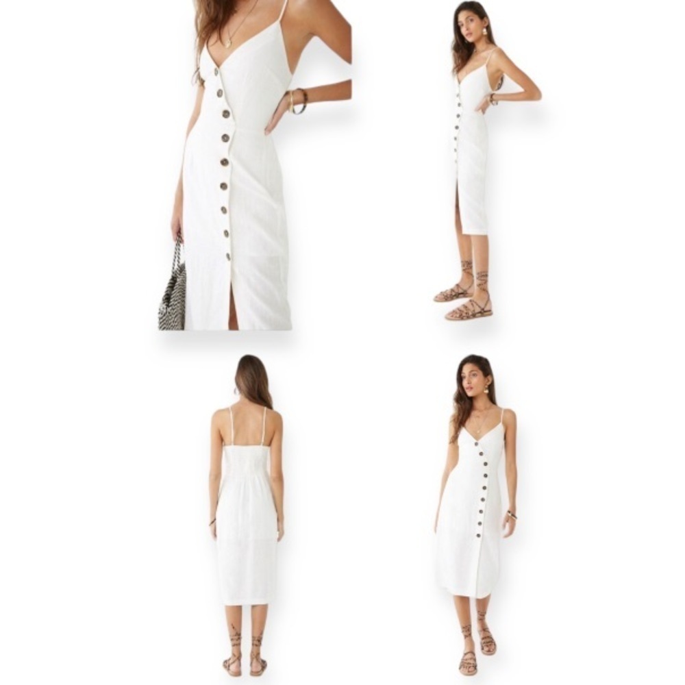 Forever 21 Linen Blend Cami Faux Button Front Midi Dress Size Medium Ivory NWT 